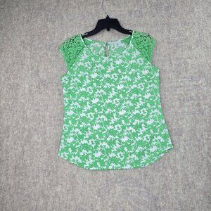 New York & Company Green Floral Lace Sleeve Top S